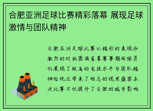 合肥亚洲足球比赛精彩落幕 展现足球激情与团队精神