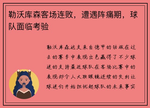 勒沃库森客场连败，遭遇阵痛期，球队面临考验