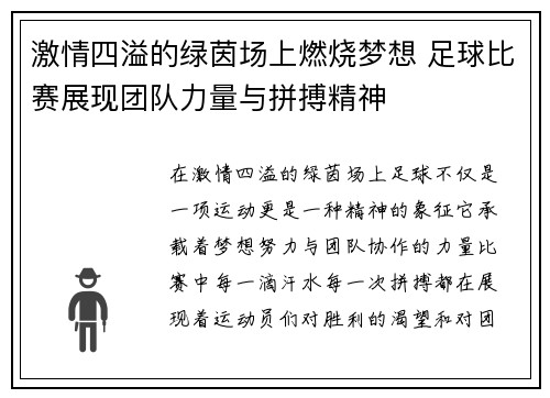 激情四溢的绿茵场上燃烧梦想 足球比赛展现团队力量与拼搏精神