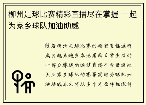 柳州足球比赛精彩直播尽在掌握 一起为家乡球队加油助威