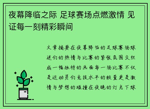 夜幕降临之际 足球赛场点燃激情 见证每一刻精彩瞬间