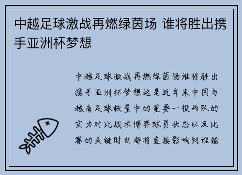 中越足球激战再燃绿茵场 谁将胜出携手亚洲杯梦想
