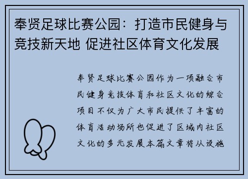 奉贤足球比赛公园：打造市民健身与竞技新天地 促进社区体育文化发展