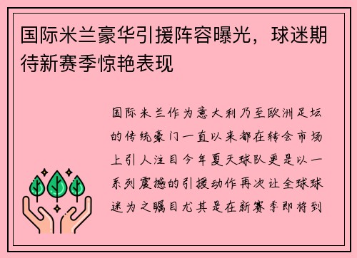 国际米兰豪华引援阵容曝光，球迷期待新赛季惊艳表现