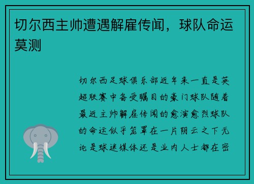 切尔西主帅遭遇解雇传闻，球队命运莫测
