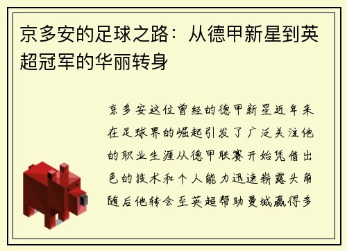京多安的足球之路：从德甲新星到英超冠军的华丽转身