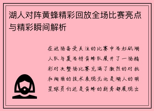 湖人对阵黄蜂精彩回放全场比赛亮点与精彩瞬间解析