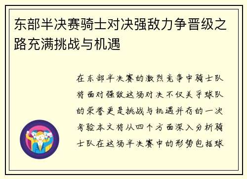 东部半决赛骑士对决强敌力争晋级之路充满挑战与机遇